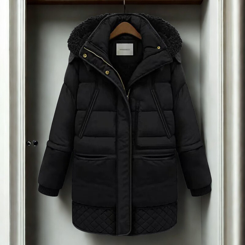 Women’s Quilted Coat – Oversized Relaxed Fit – Plush Hood – Ribbed Cuffs – Mid-Thigh Length
