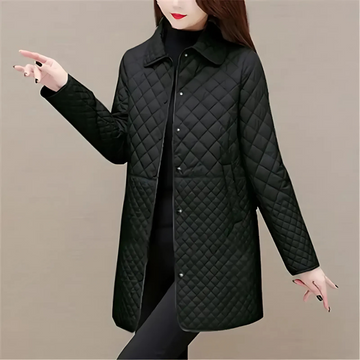 Women’s Quilted Coat – Mid-Length – Relaxed Fit – Rhombus Pattern – Button Front
