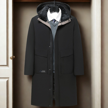 Men’s Long Coat – Regular Fit – Wool Blend – Insulated Hood – Snap Closure – Business Outerwear