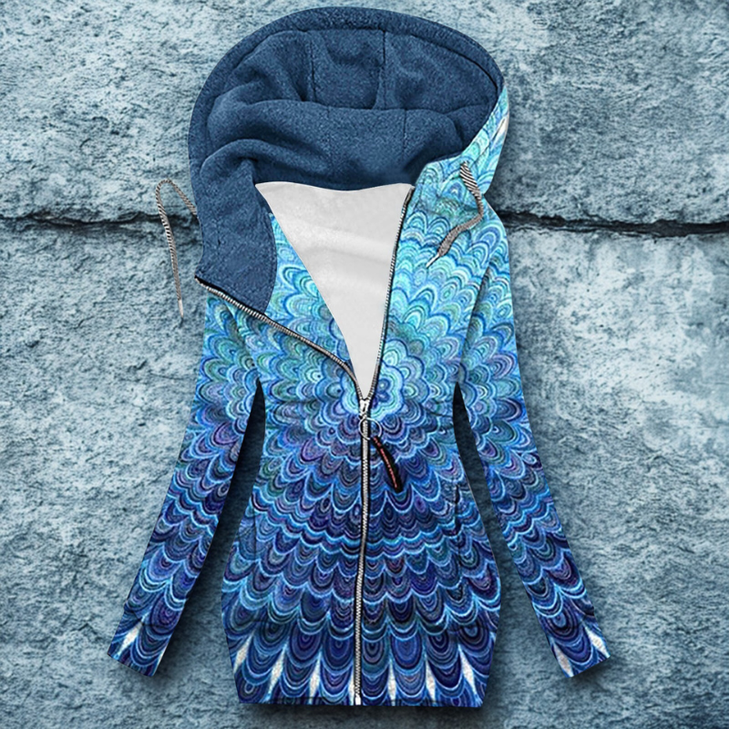 Women’s Hooded Cardigan – Slim Fit – Fleece Lined – Tunic Length – Heart Print – Zip Front