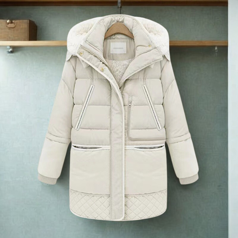 Women’s Quilted Coat – Oversized Relaxed Fit – Plush Hood – Ribbed Cuffs – Mid-Thigh Length