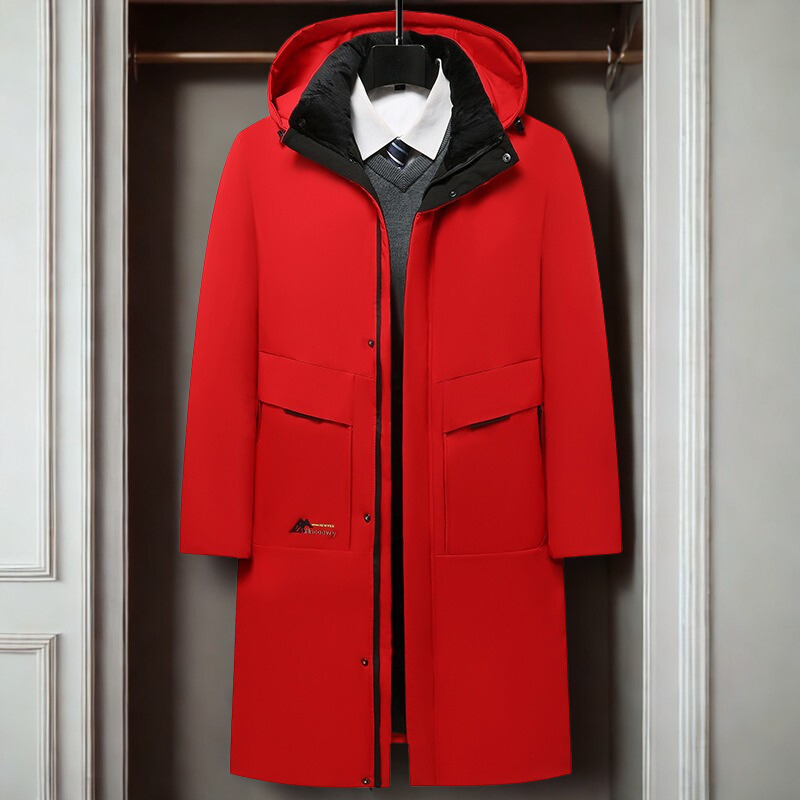 Men’s Long Coat – Regular Fit – Wool Blend – Insulated Hood – Snap Closure – Business Outerwear