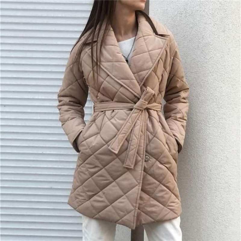 Women’s Quilted Coat – Mid-Length Belted – Diamond Pattern – Notched Lapel – Side Pockets
