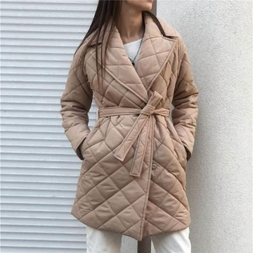 Women’s Quilted Coat – Mid-Length Belted – Diamond Pattern – Notched Lapel – Side Pockets