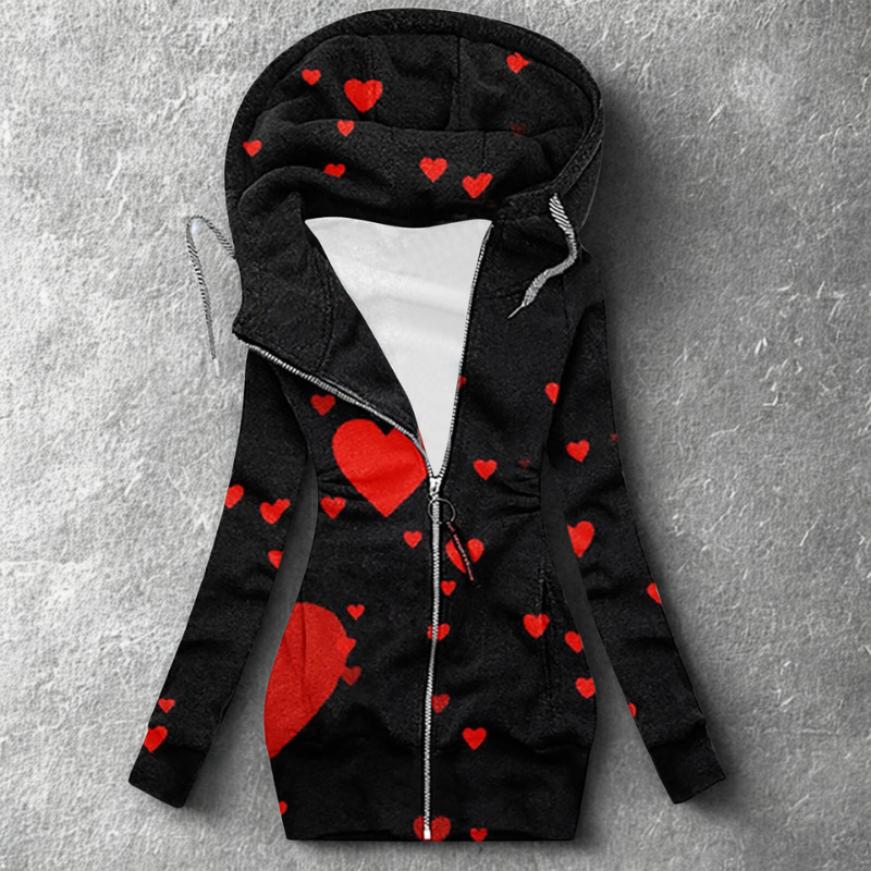 Women’s Hooded Cardigan – Slim Fit – Fleece Lined – Tunic Length – Heart Print – Zip Front