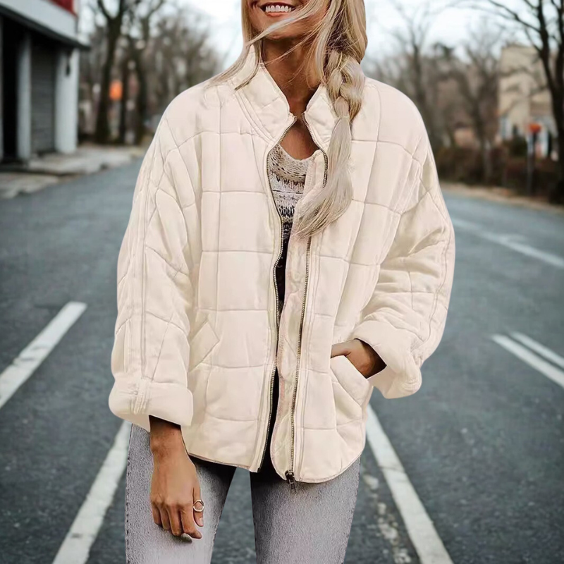 Women’s Quilted Coat – Oversized Fit – Stand-Up Collar – Full-Zip Long Sleeve