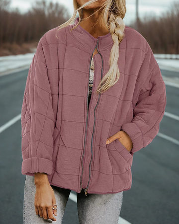 Women’s Quilted Coat – Oversized Fit – Stand-Up Collar – Full-Zip Long Sleeve