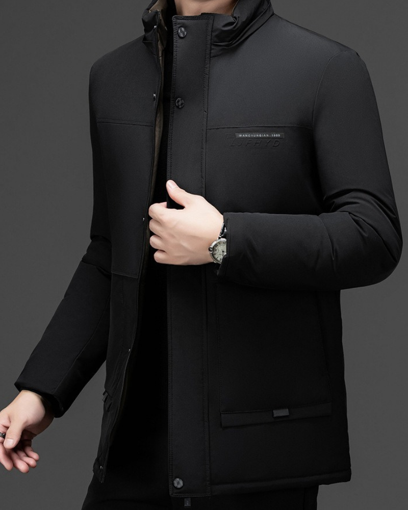 Men’s Mid-Length Coat – Padded Synthetic – Hooded with Drawstring – Zip Button Front