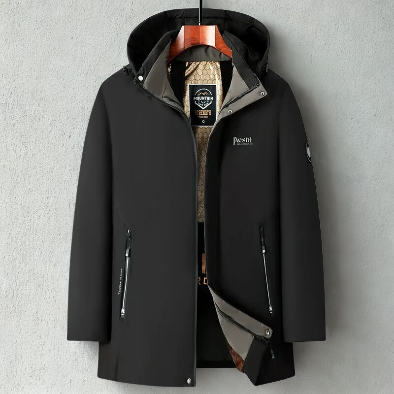 Men’s Mid-Length Coat – Quilted Lining – Hooded – Plush Collar – Two-Way Zipper