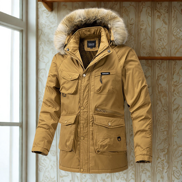 Men’s Parka Jacket – Water-Resistant – Detachable Faux Fur Hood – Loose Fit – Utility Pockets