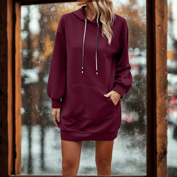 Women’s Hooded Mini Dress – Quilted Texture – Oversized Fit – Long Sleeve Pouch Pocket