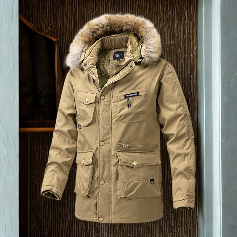 Men’s Parka Jacket – Water-Resistant – Detachable Faux Fur Hood – Loose Fit – Utility Pockets