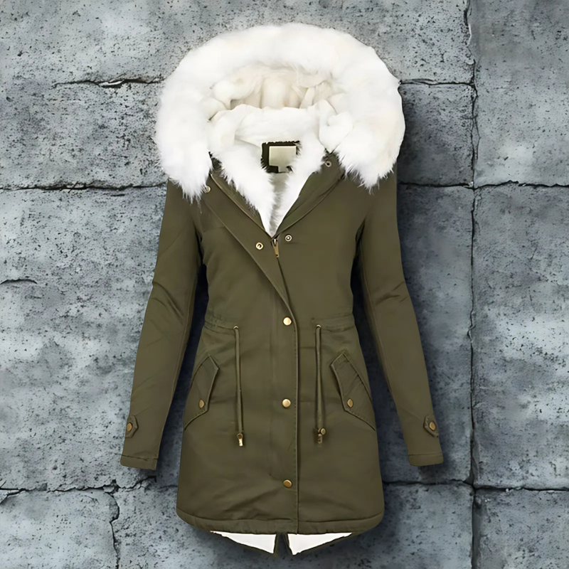 Women’s Parka Coat – Slim Fit – Water-Resistant – Faux Fur Hood – Drawstring Waist