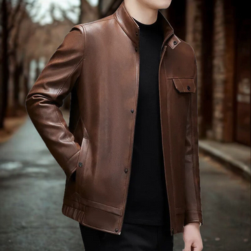 Men’s Leather Jacket – Tailored Fit – Band Collar – Full Zip – Snap Pocket – Hip Length