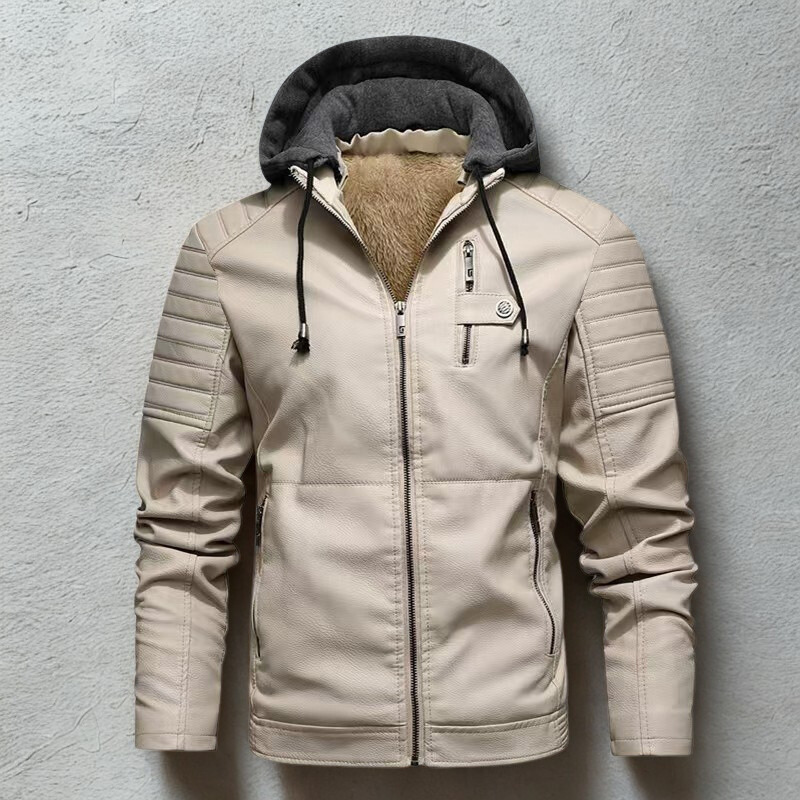 Men’s Leather Jacket – Slim Fit – Quilted Shoulders – Plush Hood – Zipper Closure