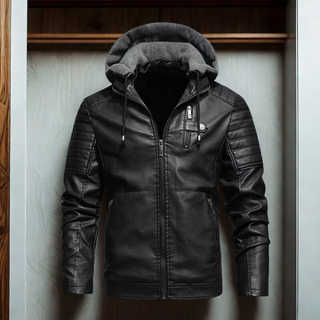 Men’s Leather Jacket – Slim Fit – Quilted Shoulders – Plush Hood – Zipper Closure