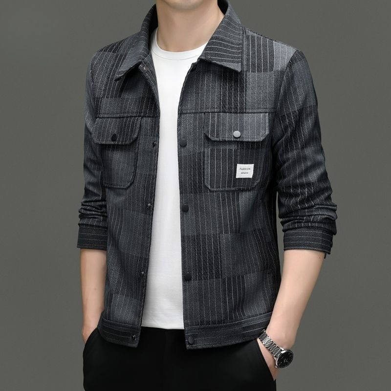 Men’s Collared Jacket – Slim Tailored Fit – Vertical Stripe Texture – Button Front – Patch Pockets