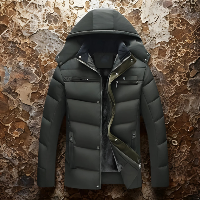 Men’s Padded Coat – Fleece Lined Hood – Quilted Design – Zipper and Snap Closure