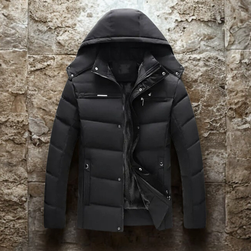Men’s Padded Coat – Fleece Lined Hood – Quilted Design – Zipper and Snap Closure