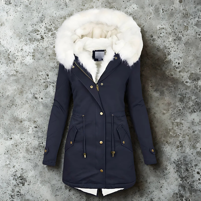 Women’s Parka Coat – Slim Fit – Water-Resistant – Faux Fur Hood – Drawstring Waist
