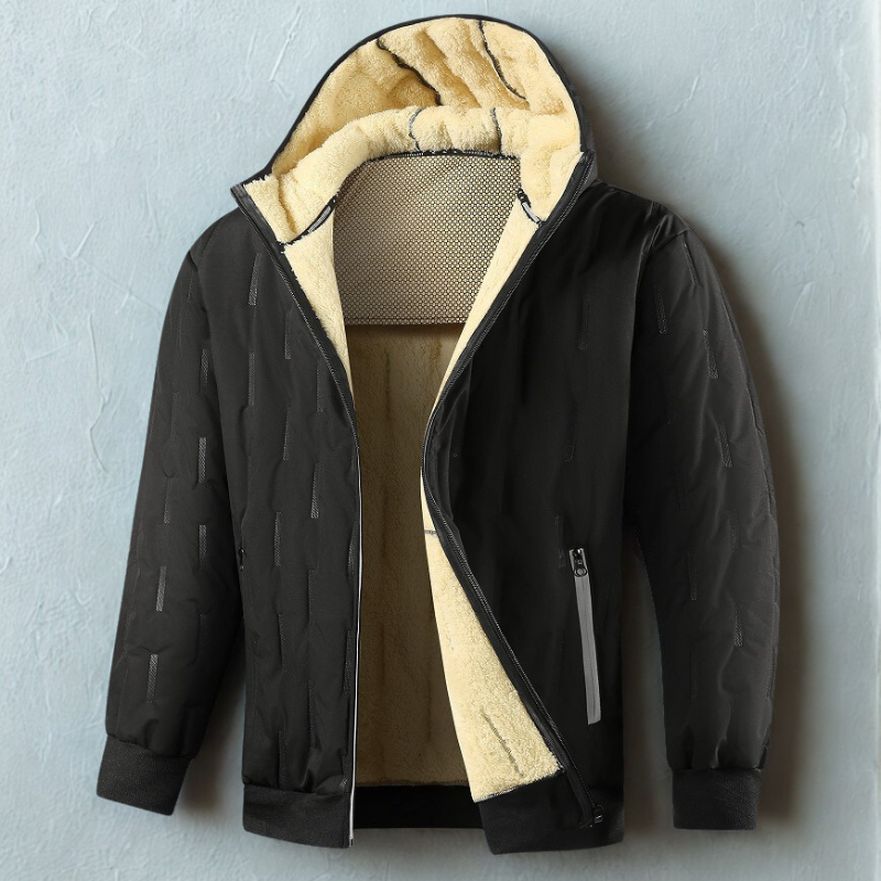 Men’s Hooded Coat – Plush Lining – Relaxed Fit – Ribbed Trim – Zip Pockets
