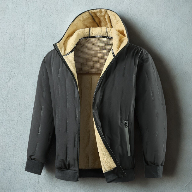 Men’s Hooded Coat – Plush Lining – Relaxed Fit – Ribbed Trim – Zip Pockets