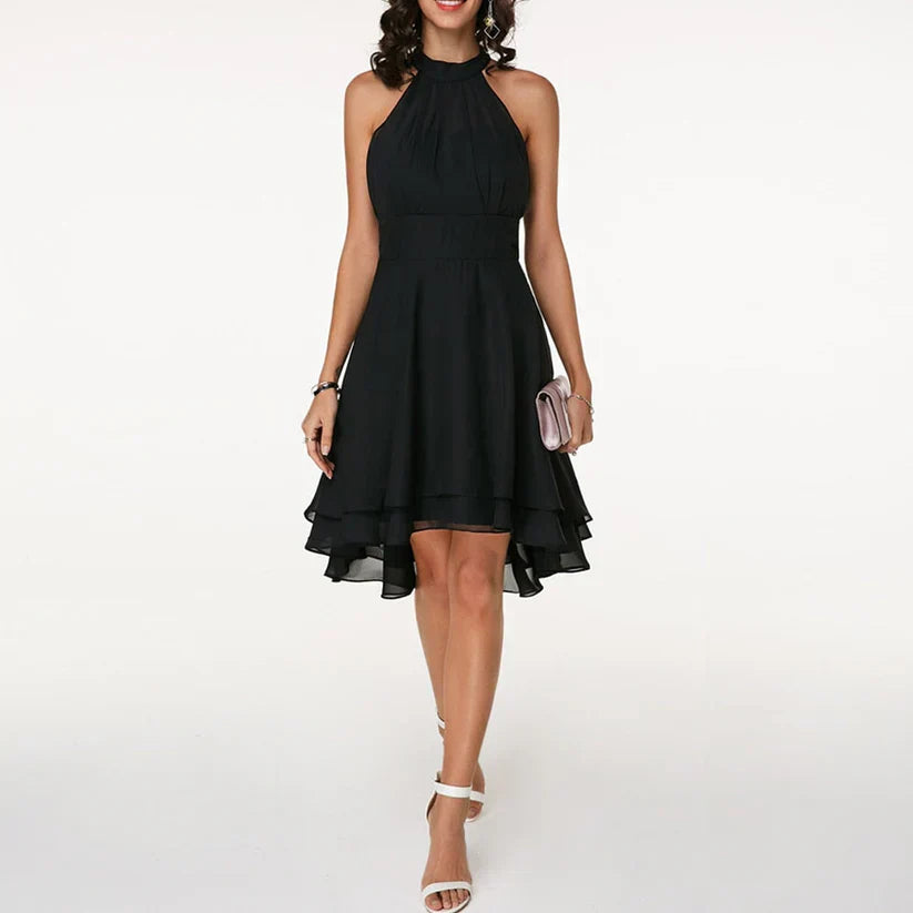 Women's Halter Dress - Asymmetrical Hem - Ruffle Detail - Elegant Flowing Fit