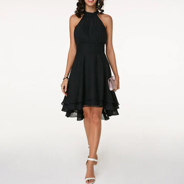 Women's Halter Dress - Asymmetrical Hem - Ruffle Detail - Elegant Flowing Fit