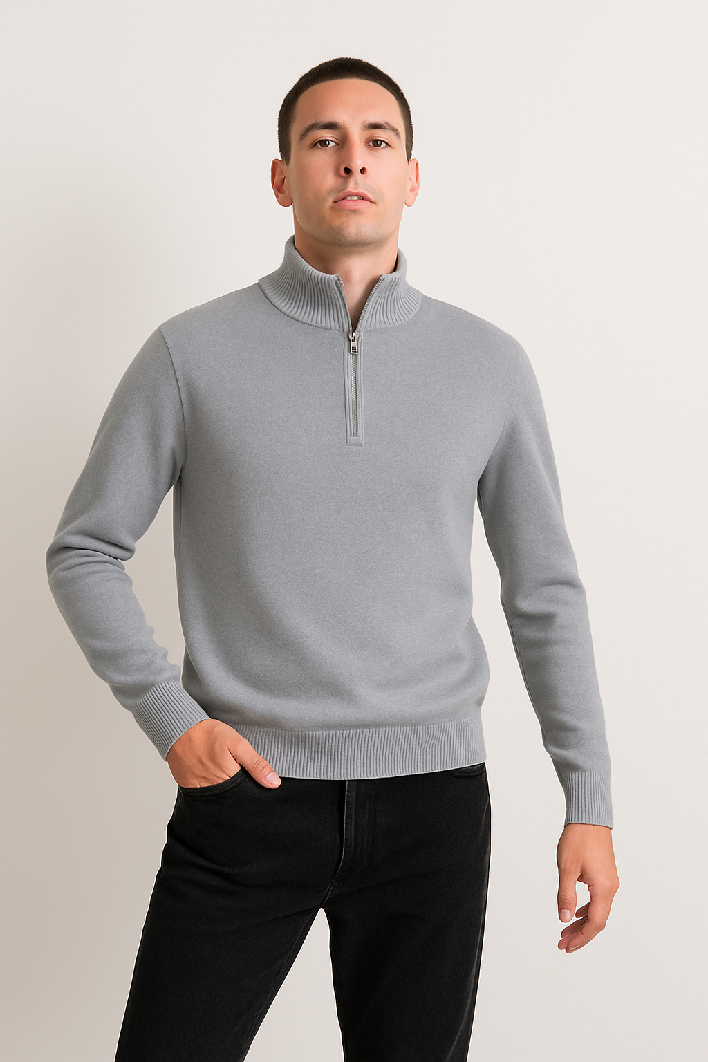 Men’s Half-Zip Sweater – Wool Blend Knit – Regular Fit – Ribbed Hem and Cuffs