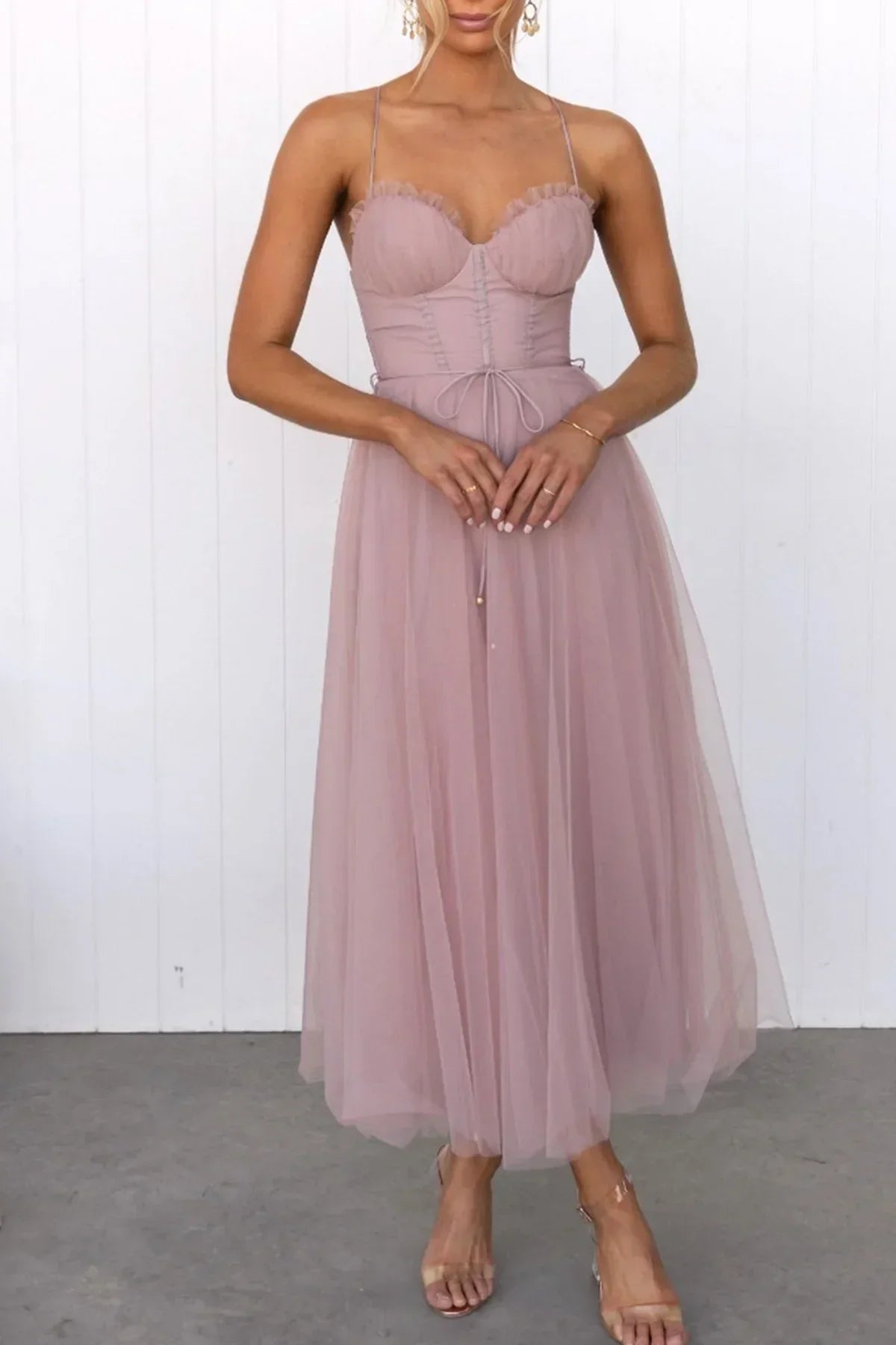 Women’s Corset Dress – Ruched Bodice – Spaghetti Straps – Flowing Sheer Skirt