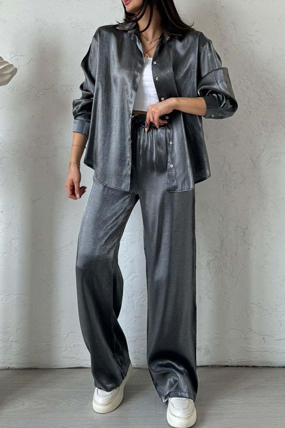 Metallic button-down shirt and pants set for women