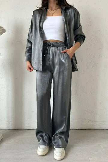 Metallic button-down shirt and pants set for women