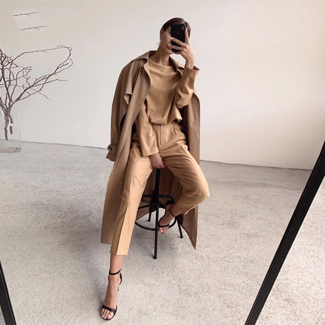 Women's Two-Piece Set - Long Sleeve Blouse - High-Waisted Tailored Trousers