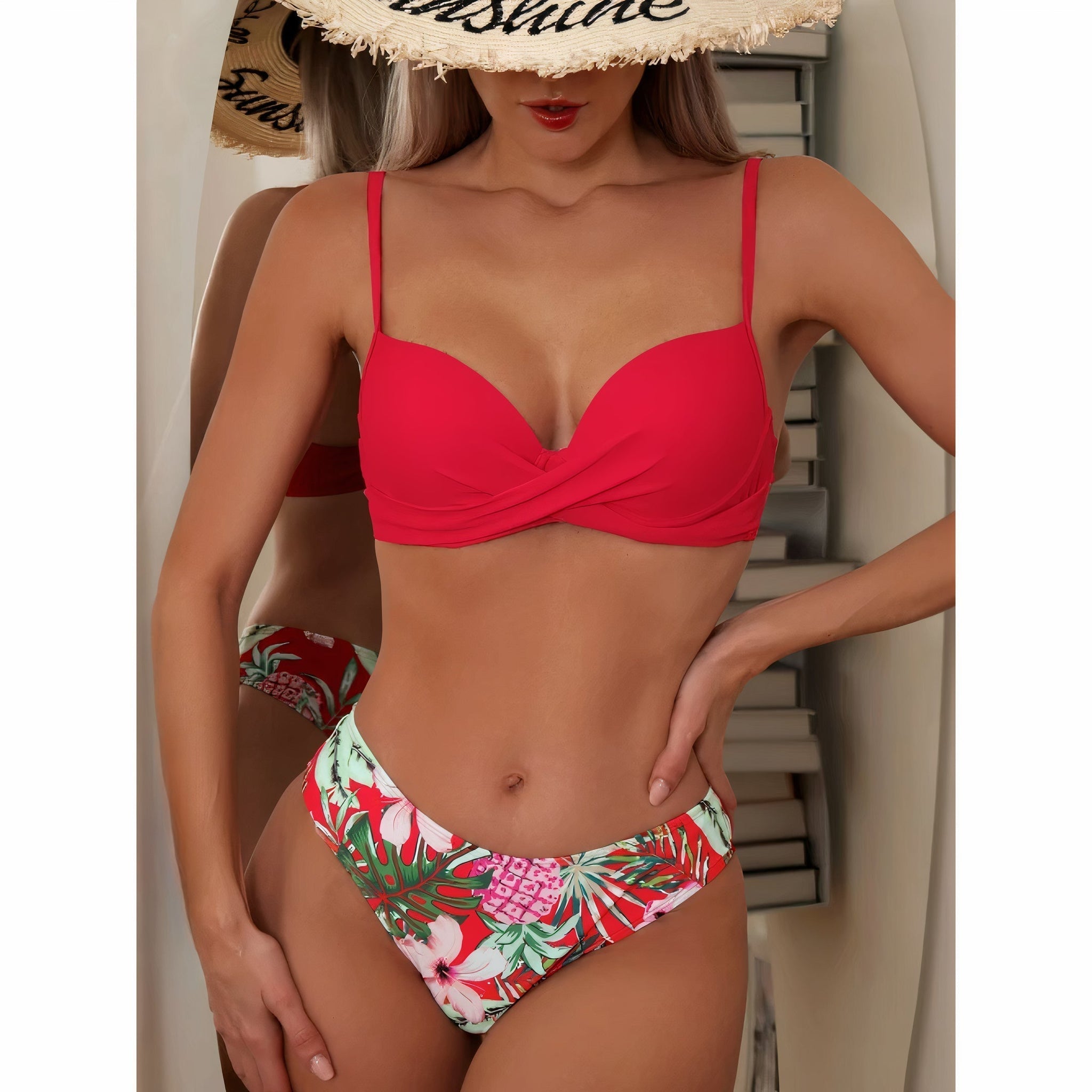 Women’s Bikini Set – Twist Front Top – High-Cut Bottom – Tropical Floral Print