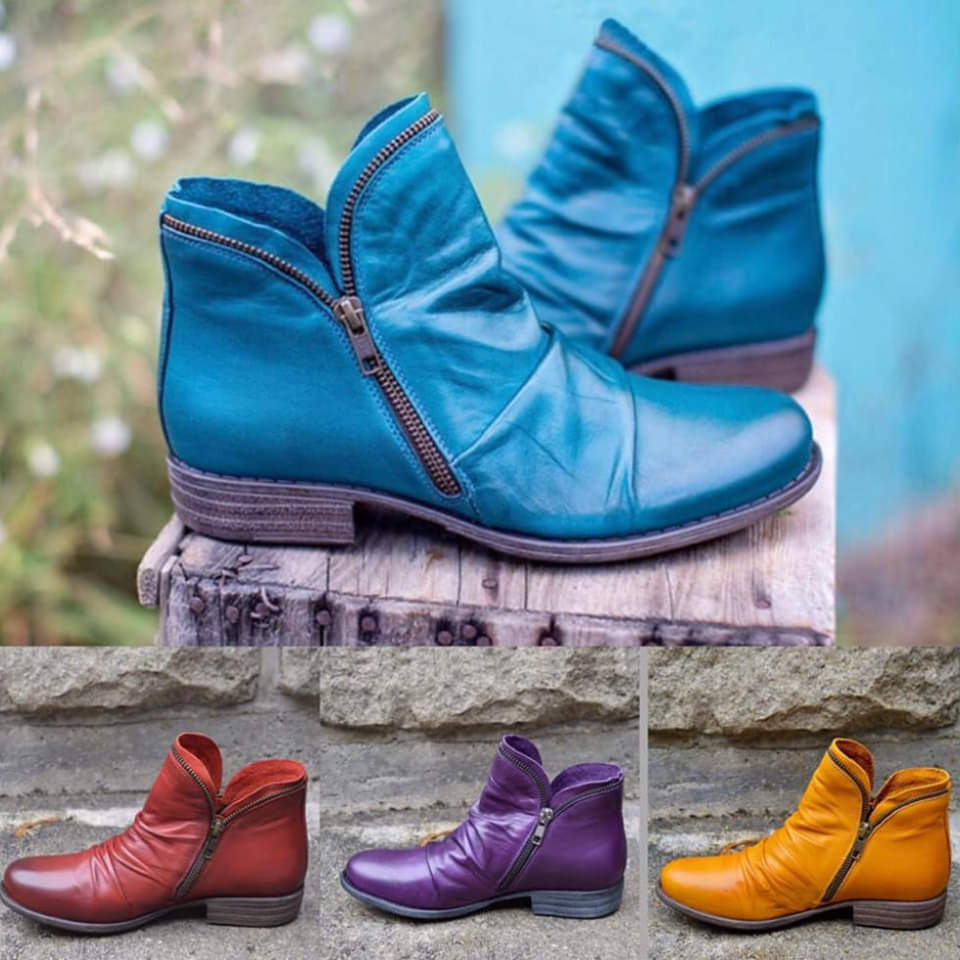 Women’s Ankle Boots – Smooth Leather – Side Zip – Sleek Fit – Low Heel Casual Style