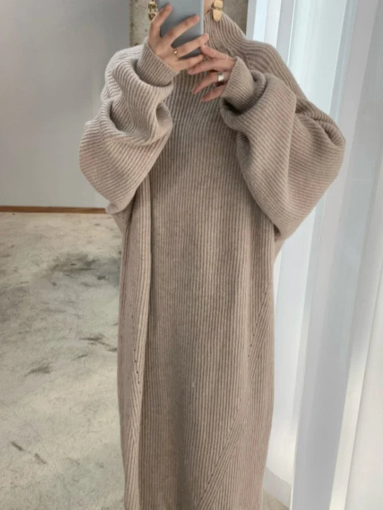 Straight knitted loose warm winter dress for women