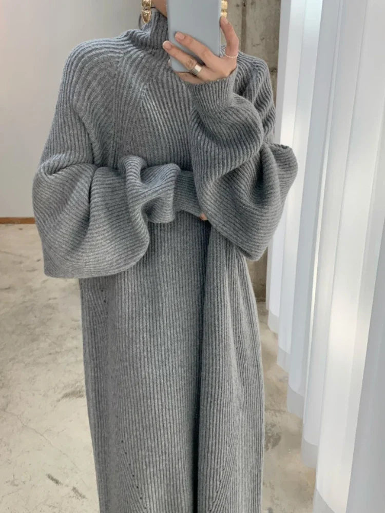 Straight knitted loose warm winter dress for women