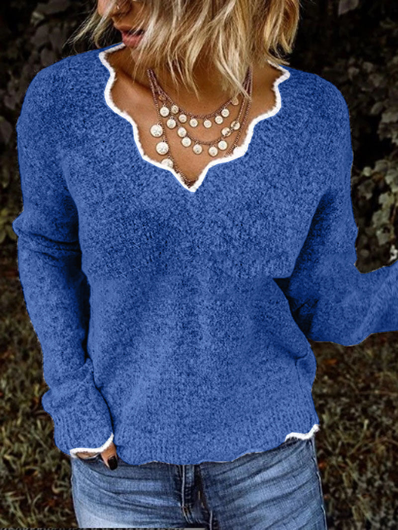 Women’s Sweater – Wool Knit – Relaxed Fit – Scalloped Neckline – Casual Pullover