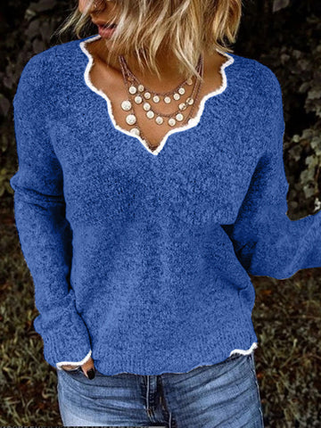 Women’s Sweater – Wool Knit – Relaxed Fit – Scalloped Neckline – Casual Pullover