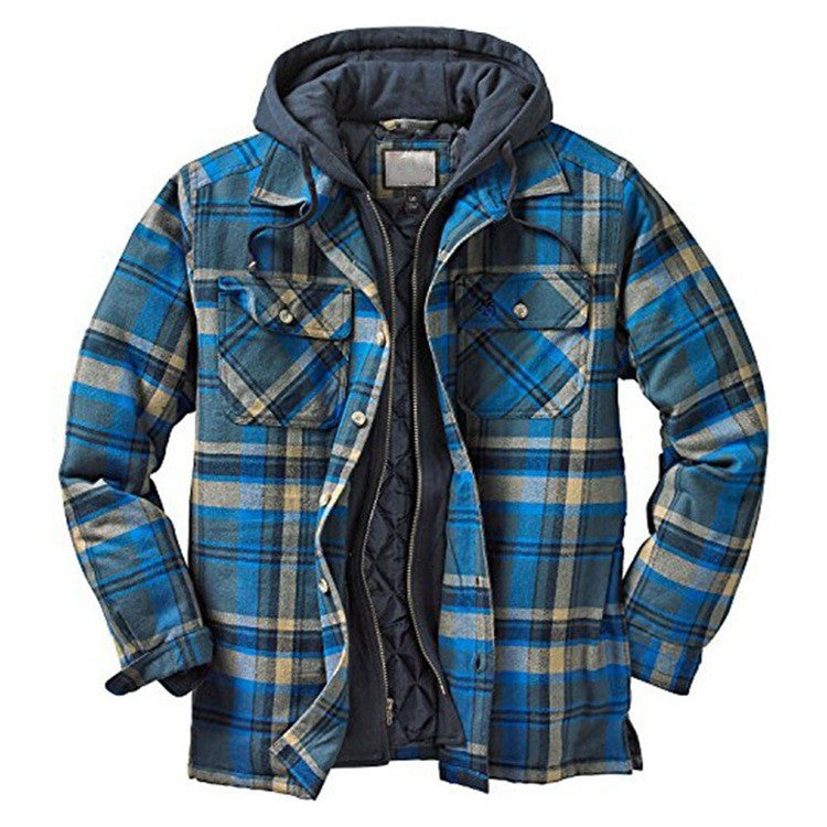 Men’s Hooded Jacket – Quilted Lining – Relaxed Fit – Plaid Pattern