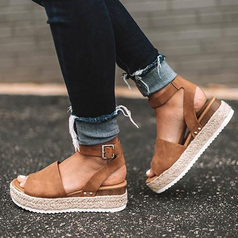 Women’s Wedge Sandals – Platform Jute Sole – Open Toe – Ankle Strap Buckle Fit