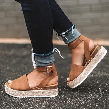 Women’s Wedge Sandals – Platform Jute Sole – Open Toe – Ankle Strap Buckle Fit