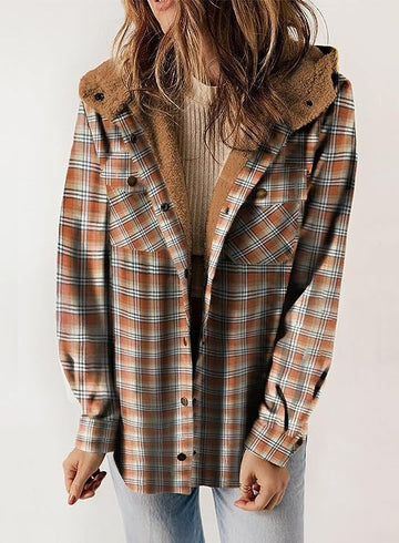 Women’s Wool Jacket – Relaxed Fit – Plush Lined Hood – Plaid – Button-Up Layers