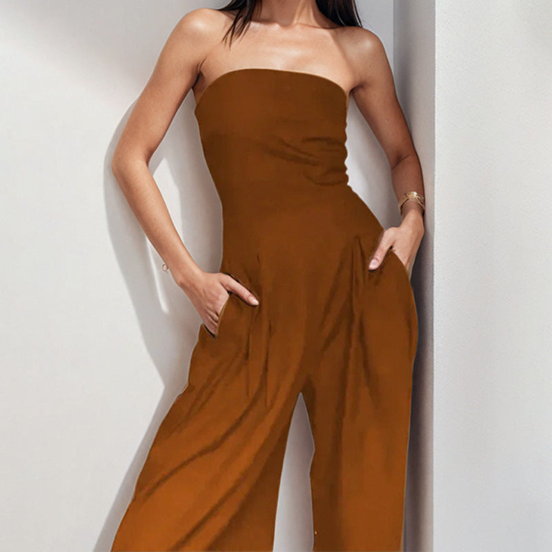 Women’s Strapless Jumpsuit – Satin Feel – Wide Leg – Formal Elegant Fit