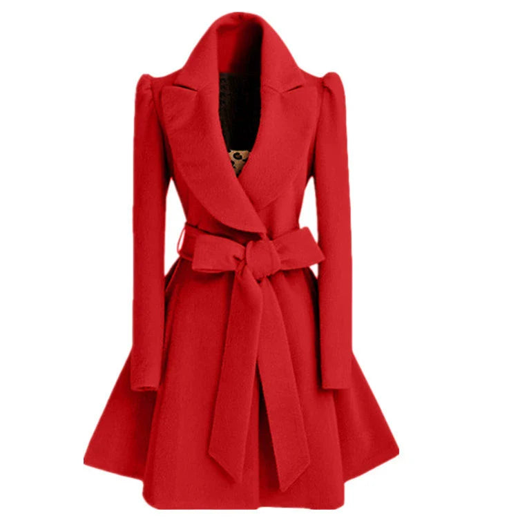 Women’s Coat – Slim Fit Wool Blend – A-Line Skirt – Belted Bow Waist – Wide Collar