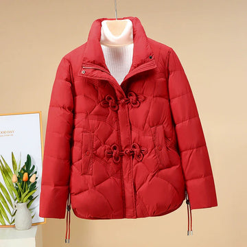 Women’s Puffer Jacket – Quilted Geometric Design – Frog Buttons – Adjustable Hem