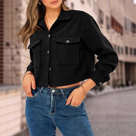 Women’s Cropped Coat – Relaxed Fit – Wool Blend – Spread Collar – Button Front – Pockets