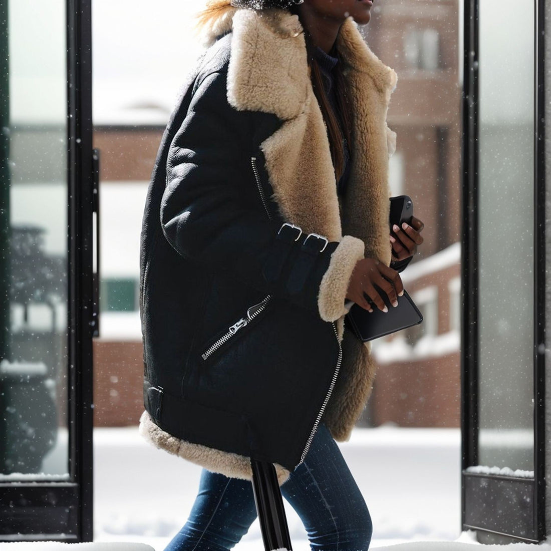 Women’s Coat – Oversized Fit – Plush Cotton – Faux Fur Trim – Zipper – Buckle Detail