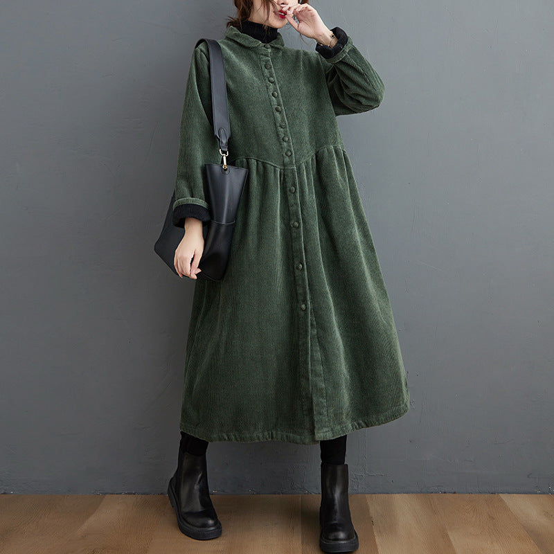 Women’s Long Coat – Corduroy Texture – Loose A-Line Fit – High Neck – Midi Length