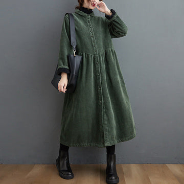 Women’s Long Coat – Corduroy Texture – Loose A-Line Fit – High Neck – Midi Length